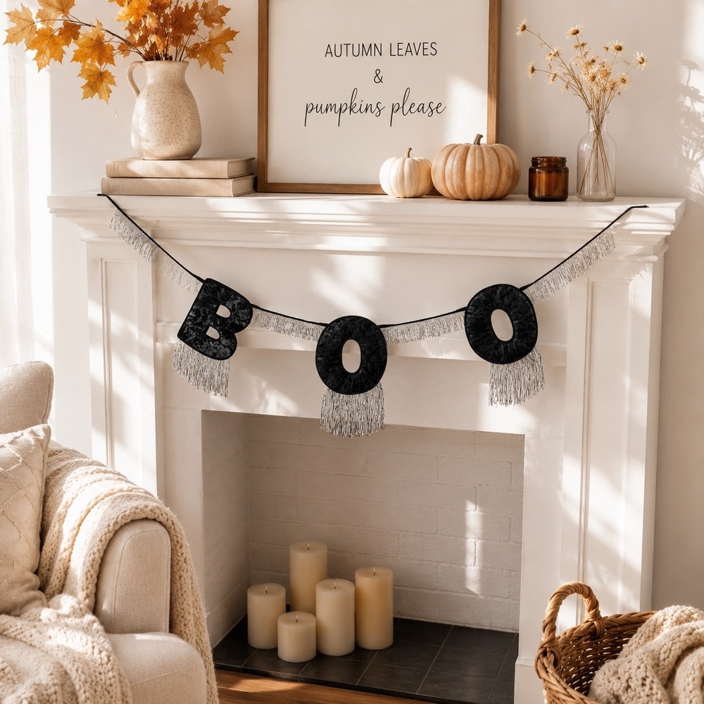 Hyde & EEK Boutique Black Velvet BOO Halloween Garland Silver Tinsel Fringe 6ft